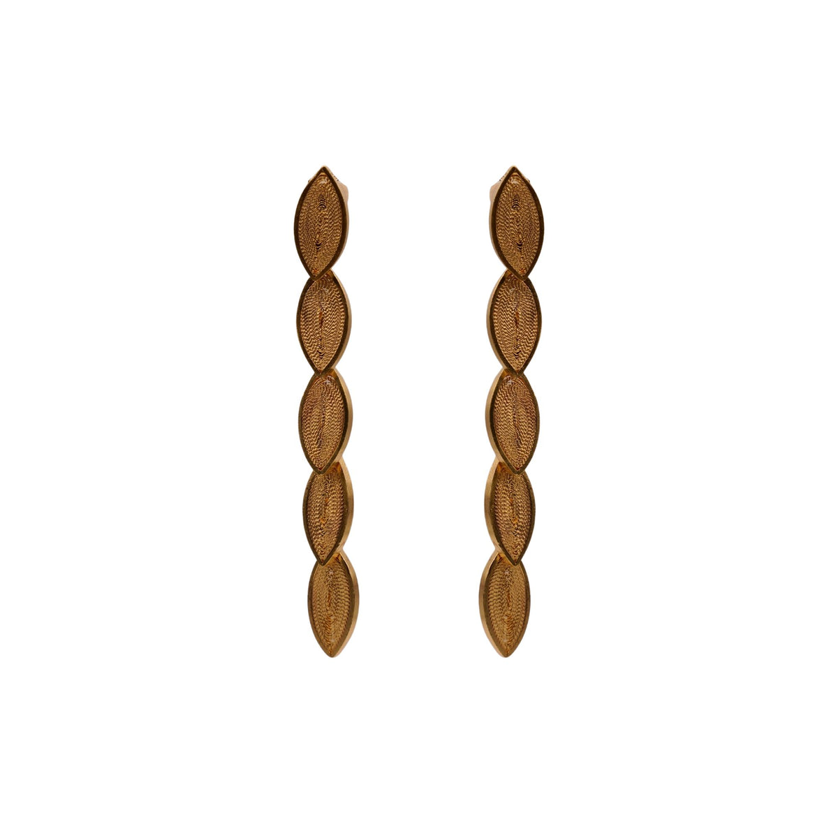 Pair of gold leaf-shaped earrings on a white background