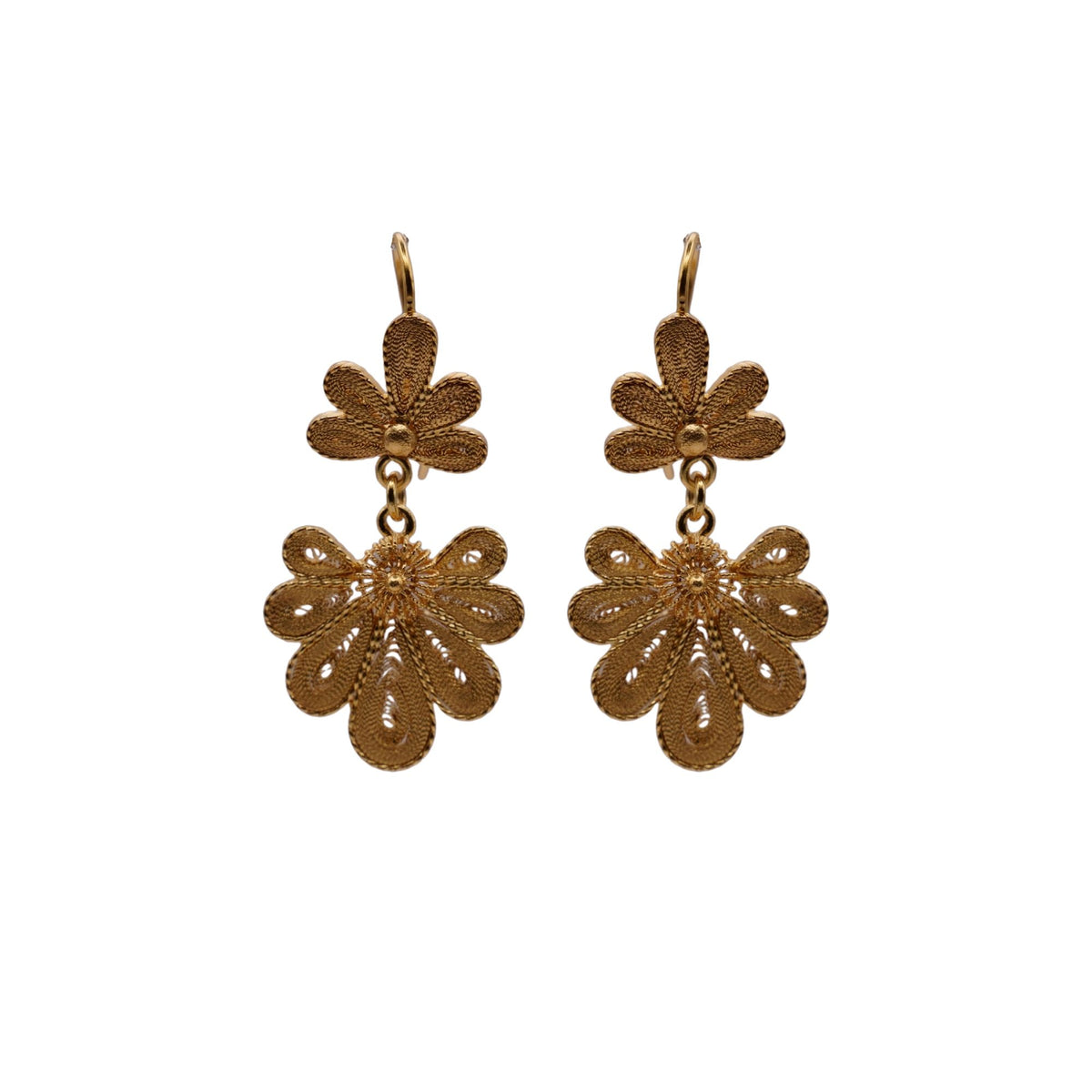 Pair of gold floral earrings on a white background