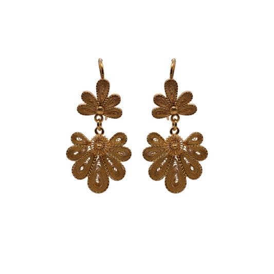 Pair of gold floral earrings on a white background