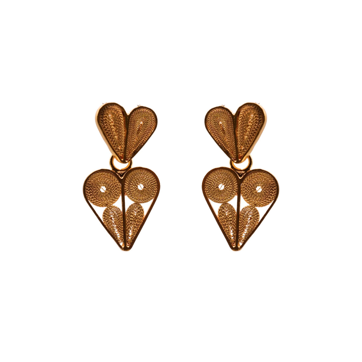 Pair of gold heart-shaped earrings on a white background