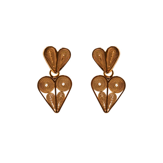 Pair of gold heart-shaped earrings on a white background