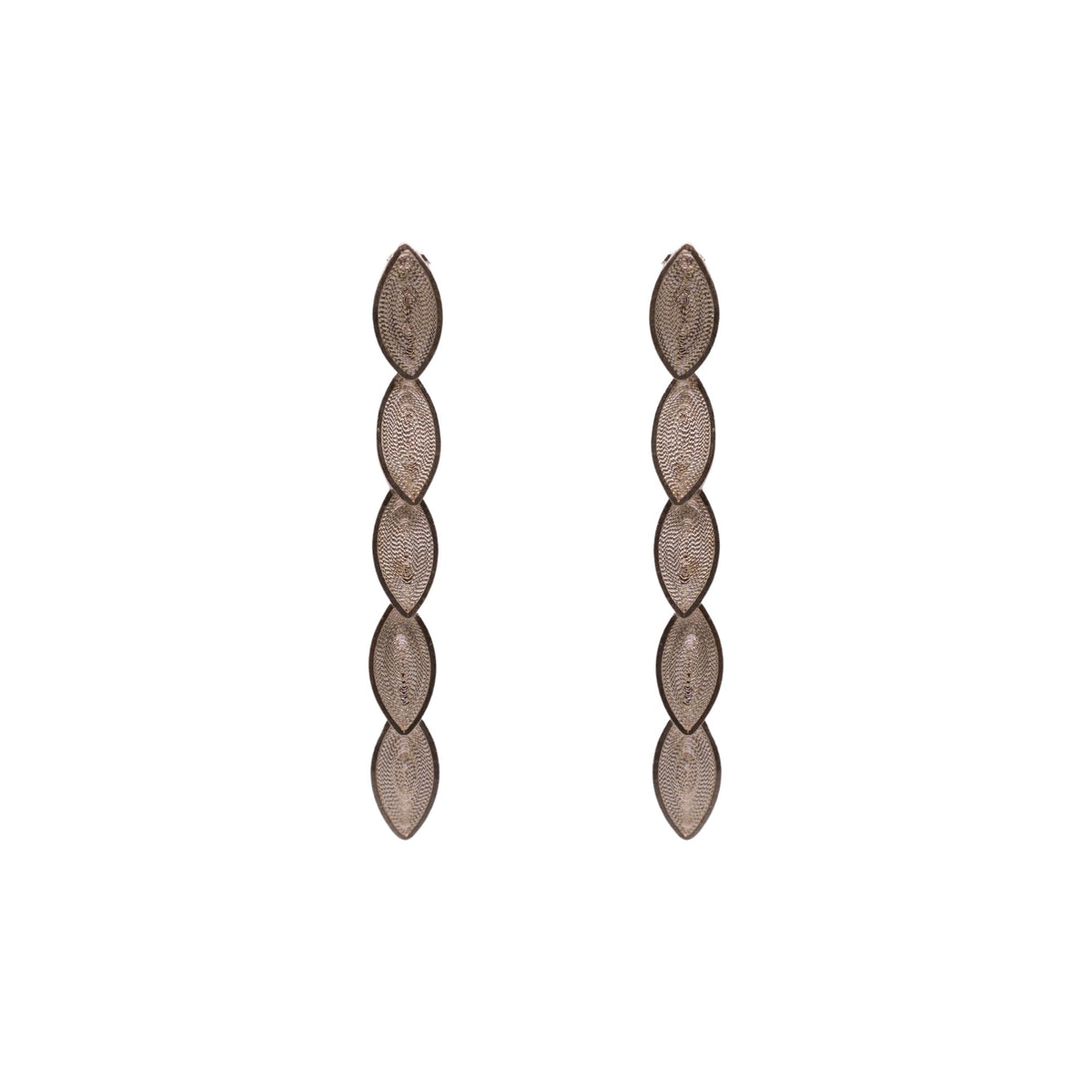 Pair of long, thin earrings with a textured design on a white background