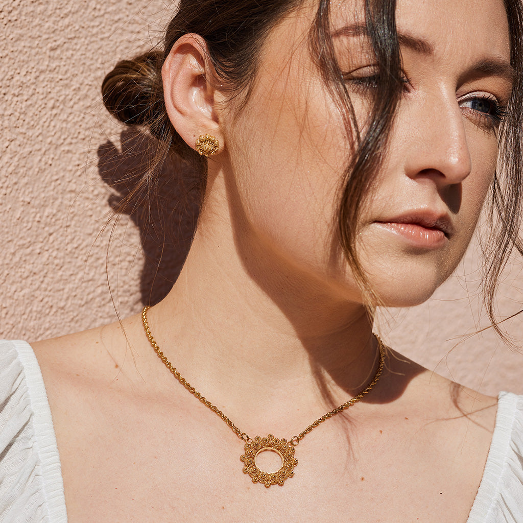 Model wearing OH VOILA Coral and Pearl Necklace Gold and Daisy Earring